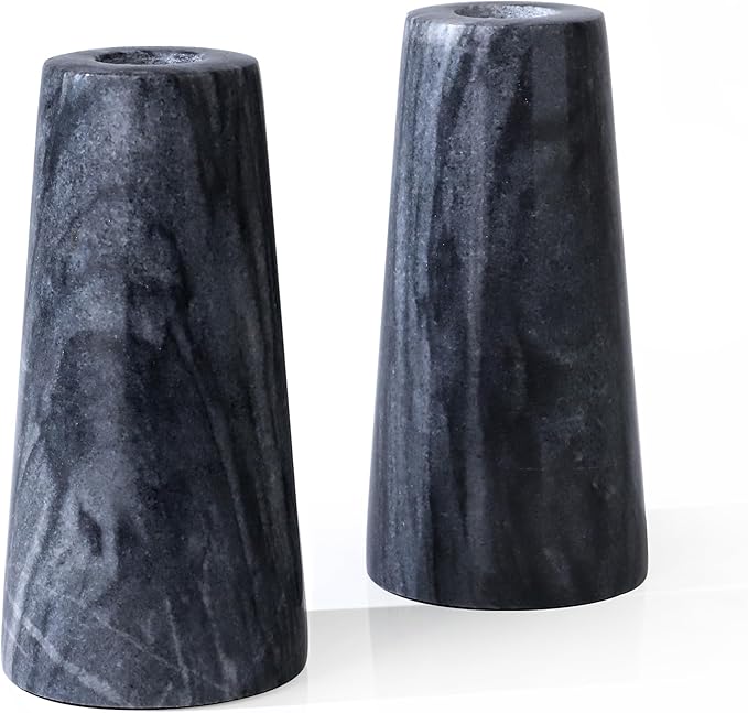 HofferRuffer Marble Candlestick Holders，Set of 2 Natural Stone Candle Holder Decorative Candle Stands for Wedding, Dinning, Party, Table Centerpieces, Fit 3/4'' Thick Taper Candles (Grey Black)