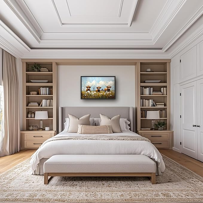 Flintis Large Highland Cow Barn Framed Wall Art Farmhouse Highland Cattle Daisy Pictures Wall Decor Abstract Canvas Painting Print Artworks Framed for Living Room Bathroom Master Bedroom 36L X 24W