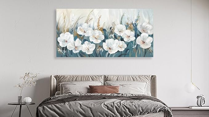 NINEASO Flowers Canvas Wall Art - White Flowers Pictures Abstract Floral Wall Decor Navy Blue Reed Botanical Painting Print Artwork for Living Room Bedroom Home Office Decorations 20" x 40"