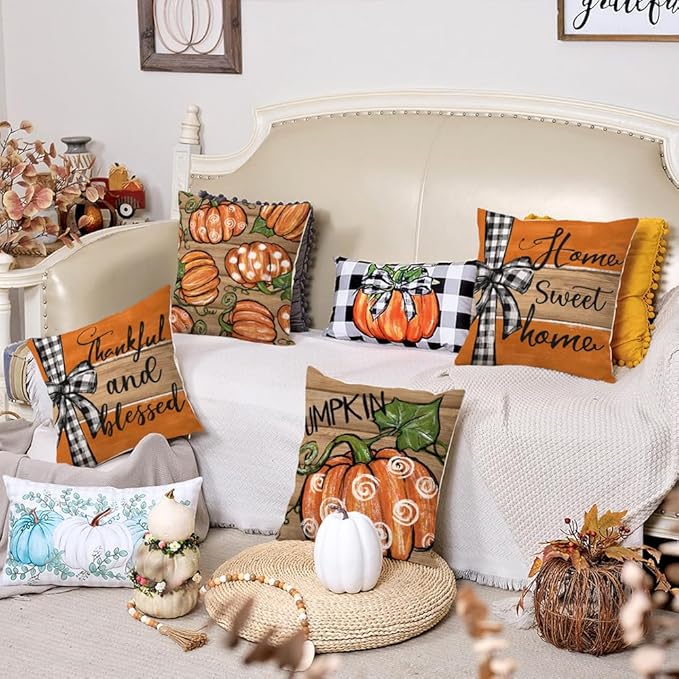 GEEORY Fall Home Sweet Home Pumpkin Throw Pillow Covers 20x20 Inch Set of 4, Thankful and Blessed Autumn Holiday Seasonal Striped Decorative Farmhouse Cushion Cases for Home Decoration G645-20