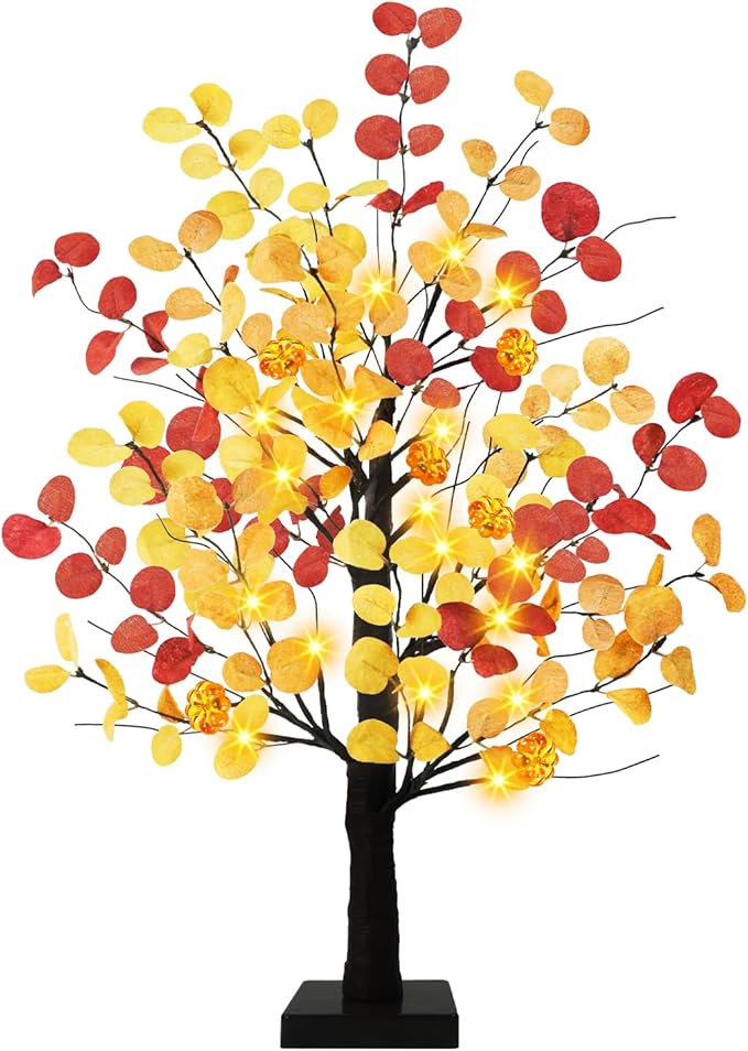 Uieke 24inch Artificial Fall Eucalyptus Tree 24 LED Prelit Tabletop Fall Tree with 6 Pumpkin Lights Battery Operated with Timer, Fall Decorations for Home Thanksgiving Halloween Decor