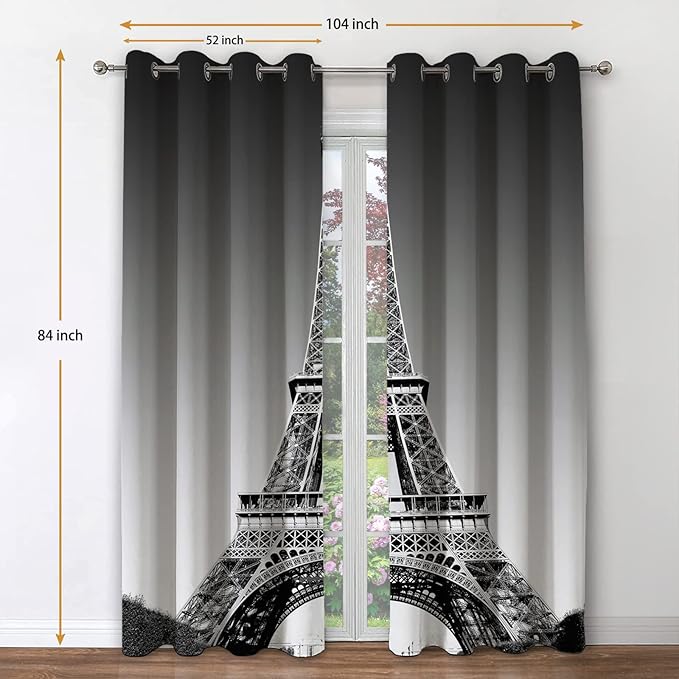 Jekeno Paris Eiffel Tower Blackout Curtains Paris Landmark Picture of Famous Place Cityscape Scene Decor for Bedroom Living Room Grommet Window Drapes 2 Panel Set, 52"x84"