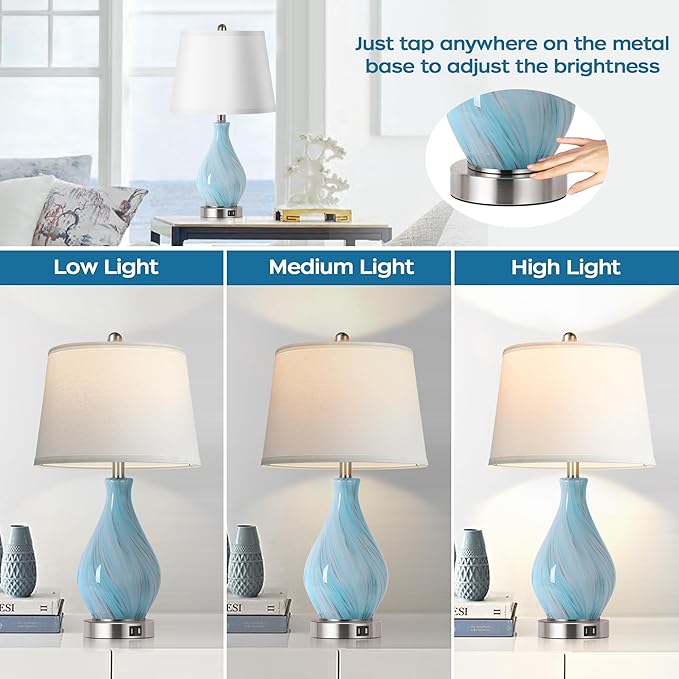 Modern Accent Table Lamp Set of 2 Touch Control, 22" Faded Swirl Blue Gray Art Glass Bedside Lamp with USB Ports, 3-Way Dimmable Hand Crafted Nightstand Lamps White Drum Shade for Living Room Bedroom