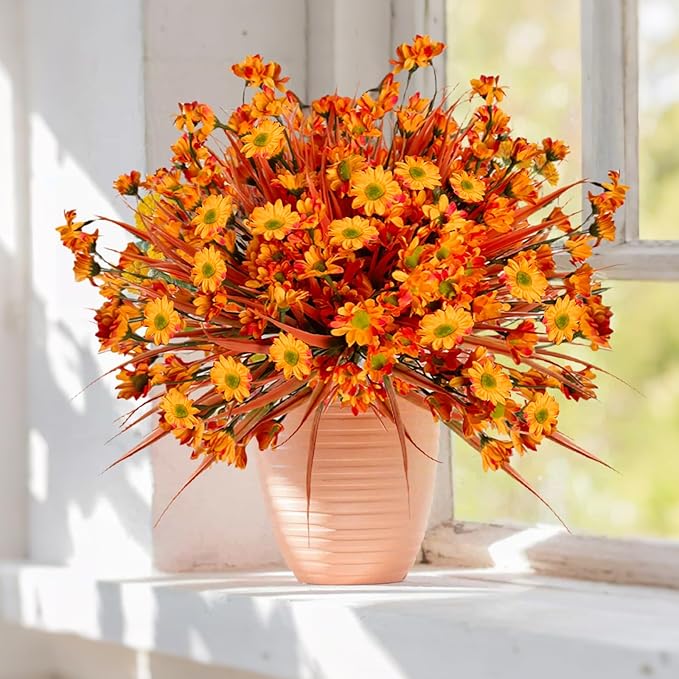 Fake Mums Fall Flowers Artificial for Decoration, 12 Bundles Faux Plants Silk Orange Flowers Realistic UV Resistant for Outdoors Planter Porch Garden Balcony Patio Window Box
