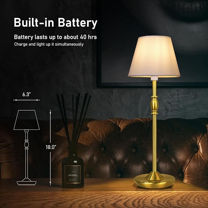 Cordless Table Lamp Portable Small LED Touch Lamp with Dimmer, 18" 2700K Rechargeable Battery Light for Bedside, Dining Room, Bedroom Lamp, Patio, Bar, Night Light, Bathroom (Antique Brass)