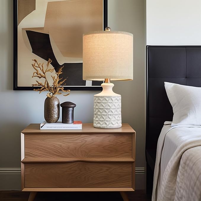 PoKat 18" Farmhouse White Ceramic Table Lamps Set of 2 for Living Room Small Beside Lamps Bedroom Nightstands Lamps End Small Table Lamps