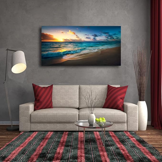 Beach Pictures Wall Art Canvas Prints Seascape Themed Decor for Home Sea Ocean Sunset Paintings for Living Room Bathroom Wall Decorations Natural Landscape Artwork Wooden Picture Frames Hanging Easy