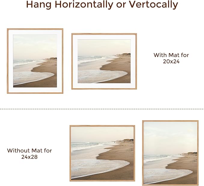 24x28 Picture Frame, Solid Oak Wood Frame 24 by 28, Rustic Wood Poster Frame 24"x28", 24x28 Frame with Mat for 20x24, 24 x 28 Frame with Tempered Real Glass (Natural Oak Color, 1 Pack)