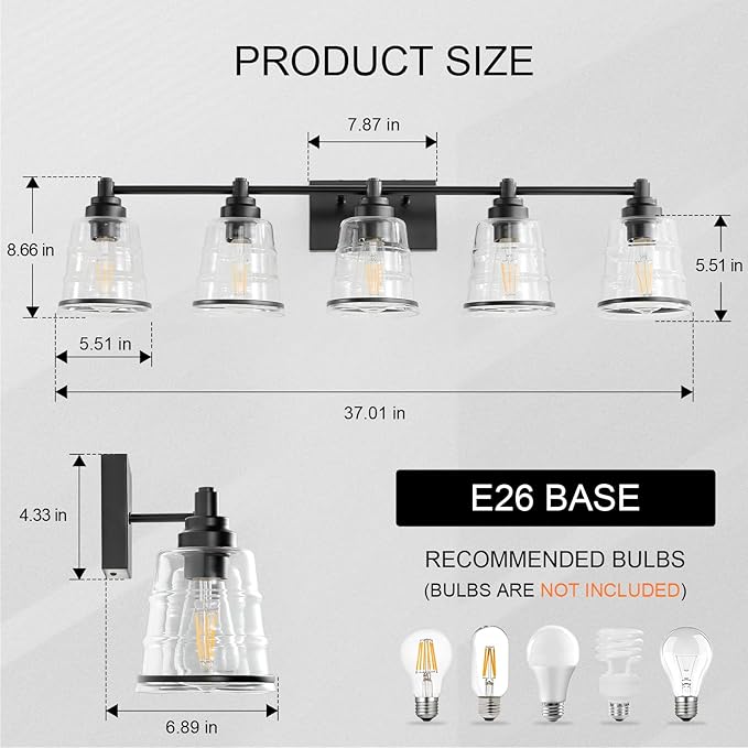 Black Bathroom Vanity Light Fixture, 5 Light Bathroom Light Fixtures Over Mirror with Clear Glass Shade and Metal Base Wall Sconce, 37 inch Modern Vanity Light for Bathroom(Exclude E26 Bulb)