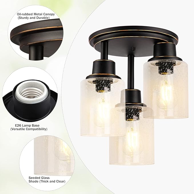 Semi Flush Mount Ceiling Light, 3-Light Close to Ceiling Light Fixtures, Vintage Oil-Rubbed Bronze Finish with Clear Seeded Glass Shade Chandelier Lighting for Stairs Porch Hallway Entryway Kitchen