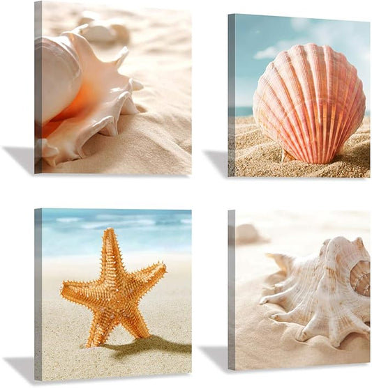 Beach Seashell Canvas artwork Painting: Coastal Seascape Conch Wall Art Print on Canvas for Bathroom (12” x 12'' x 4 Panels)