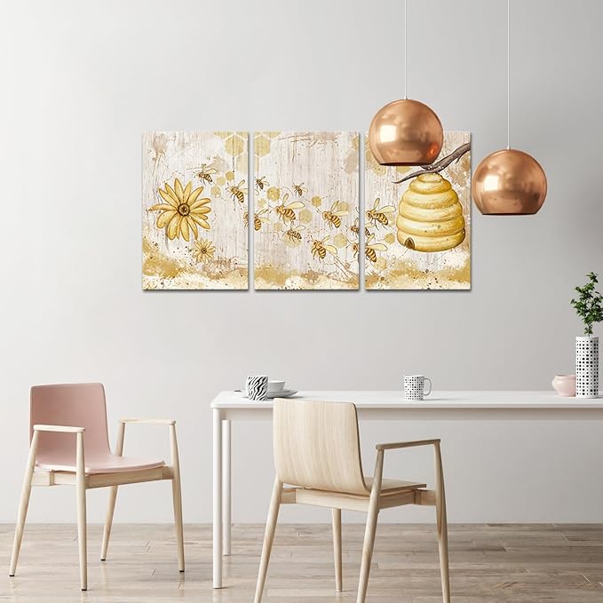 FuShvre Vintage Yellow Wall Art Honey Bee Canvas Painting Prints Kitchen Decor Bee and Flower Daisy Pictures for Famrhouse Wall Framed 16"x24" Each (Medium, White)