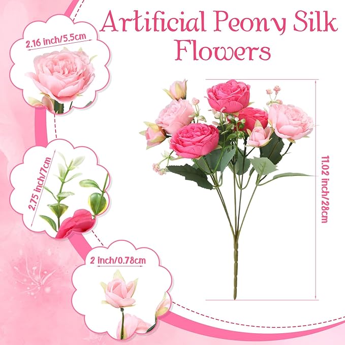 Geosar 8 Bundles Artificial Peonies Flowers Fake Silk Peony Bouquet Faux Peonies Flowers Bulk for Decoration Vase Florals Arrangements Wedding Party Table (Rose Pink,Light Pink)