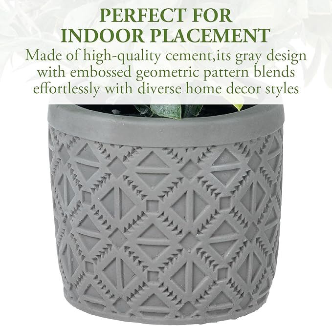 MyGift Set of 2 Fake Plants, Artificial Leafy Foliage Plants in Gray Concrete Pots, Faux Greenery House Plants Potted in Decorative Round Planters