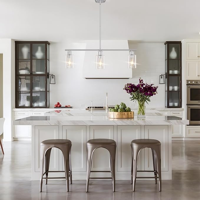 Kitchen Island Lighting, 3 Lights Linear Chandeliers Rectangle Pendant Light Fixtures for Dining Room Farmhouse Hanging Light with Glass Shades(Chrome)