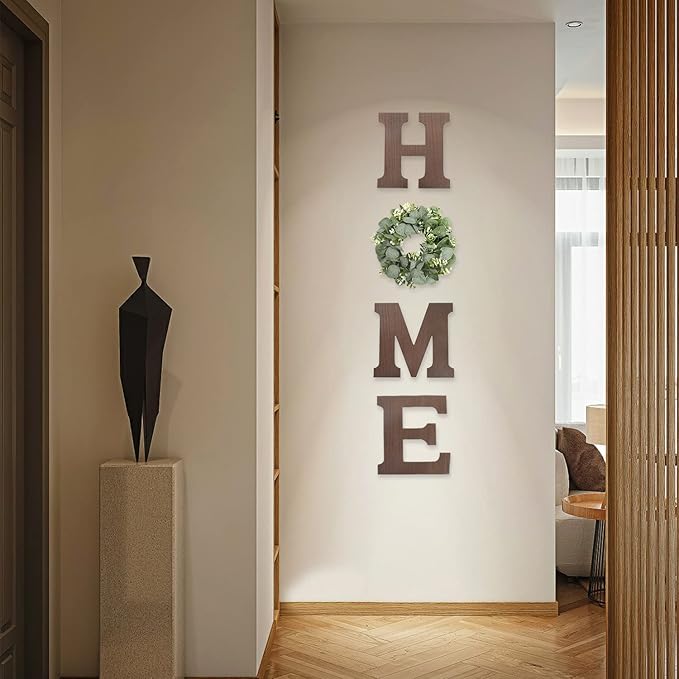 Wooden Home Sign Wall Hanging Decor - Wood Home Letters for Wall Art with Artificial Eucalyptus Wreath Rustic Home Decor Farmhouse, Wall Decor for Living Room Kitchen Housewarming Gift (Brown)