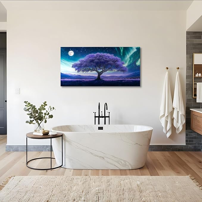 crmotu Tree of Life Large Wall Art, Space Fantasy Landscape Canvas Painting, Purple Tree Abstract Art Prints, Modern Aurora Scenery Pictures Wall Decor Living Room Bedroom Bathroom Office 20X40in