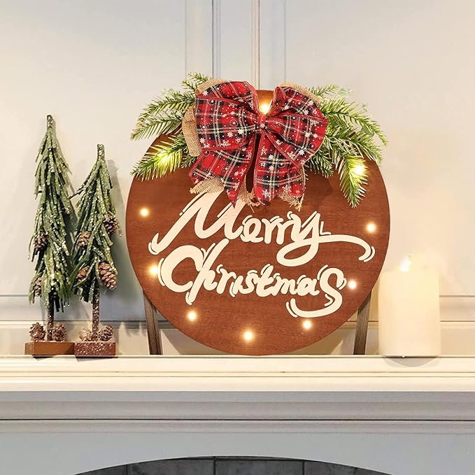 HOMCDALY Merry Christmas Sign for Front Door, Wooden Hanging Sign Door Decoration with 12 LED Light, Winter Welcome Wreath indoor outdoor Décor, Christmas Decoration.