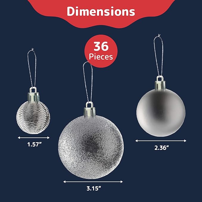 Prextex 36pc Shatterproof Silver Christmas Balls Ornament Set - Festive Christmas Tree Ornaments in 3 Different Sizes and 6 Styles - Holiday Decoration with Hanging Loops for Tree, Wreath, Party Decor