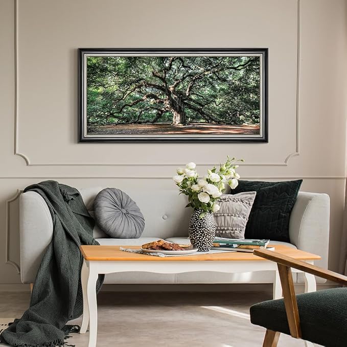 Large Tree Canvas Wall Art: Framed Green Oak Forest Landscape Prints for Living Room