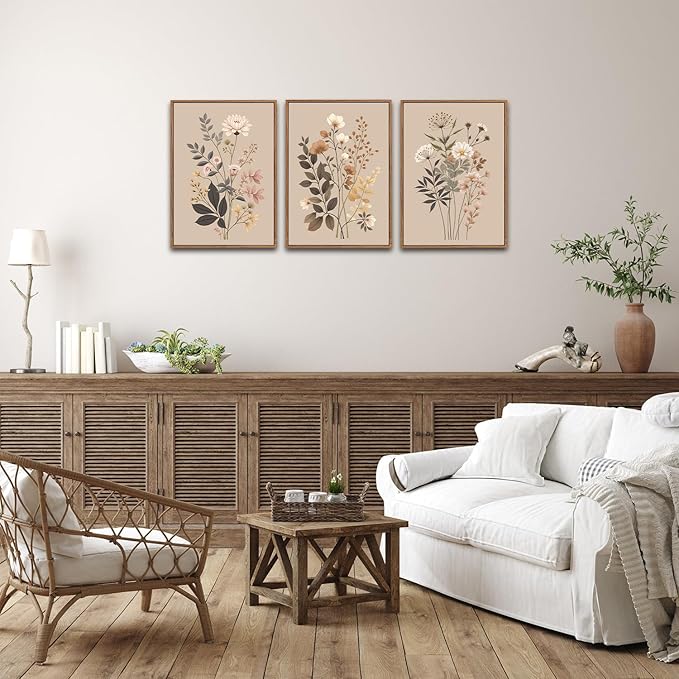 CHDITB Vintage Flower Framed Canvas Wall Art Set, Large Neutral Wildflowers Wall Decor, Farmhouse Floral Artwork Botanical Poster, Modern Art Prints for Living Room Bedroom Office Size 16"x24"