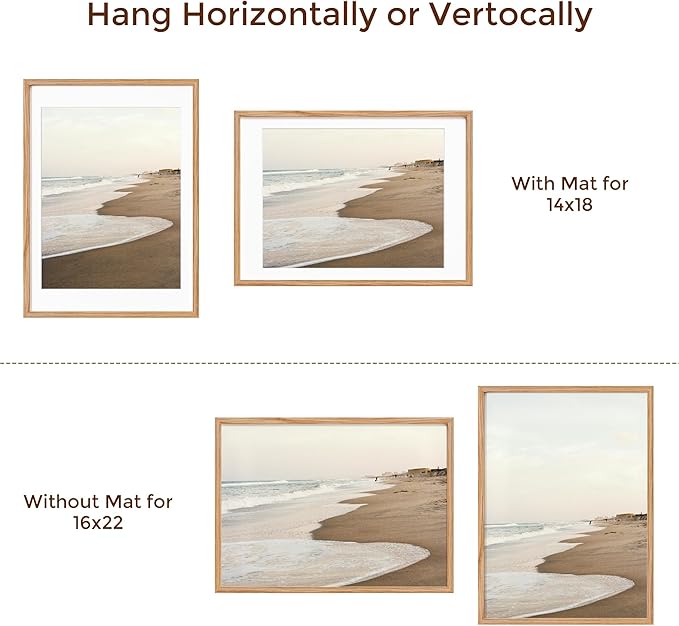 Fun Memories Natural Oak 16x22 Picture Frame with Real Glass, Matted to 14x18, Wall Frame (1 Pack)