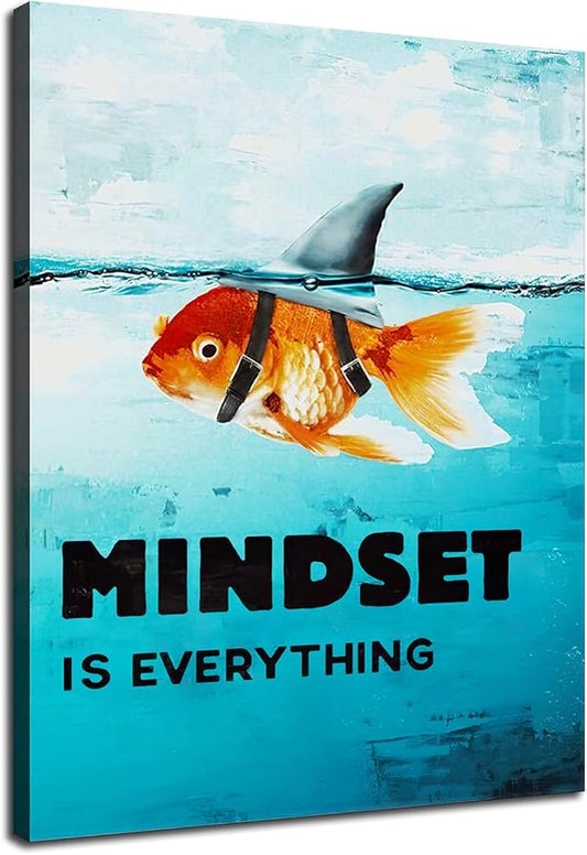 Inspirational Canvas Wall Art Mindset is Everything Goldfish Shark Print Artwork Motivational Poster Office Wall Decoration Wooden Frame Holiday Gift Ready to Hang[30″W X 40′'H]