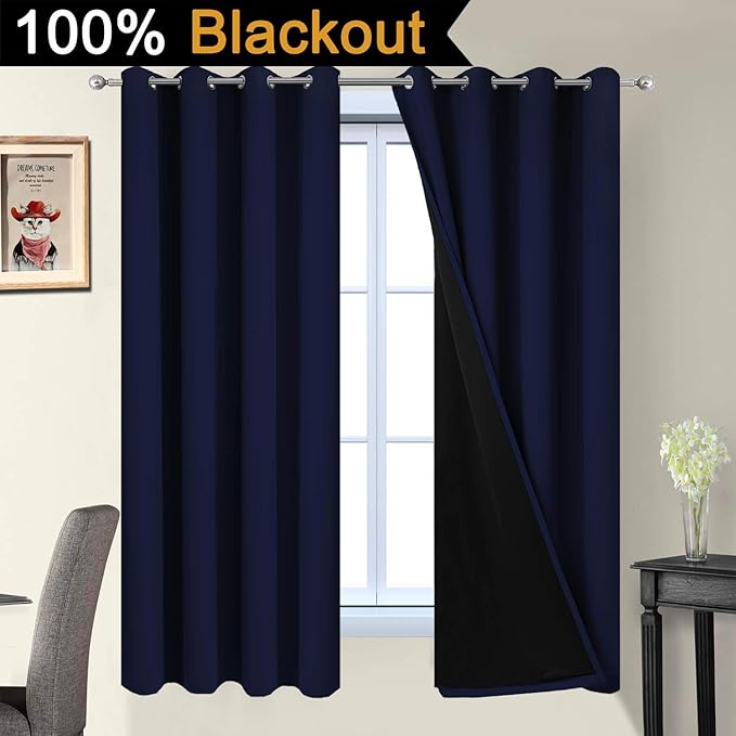 Yakamok Total Blackout Curtains, 2 Thick Layers Completely Blackout Thermal Insulated Drapes with Black Liner for Bedroom(52Wx63L, Navy Blue, 2 Panels)