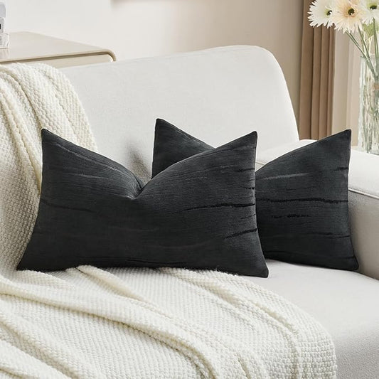FUTEI Black Chenille Decorative Throw Pillow Covers 12x20 Inch Set of 2,Soft Embossed Striped Textured Lumbar Pillow Cases,Modern Home Decor for Couch Bed Living Room