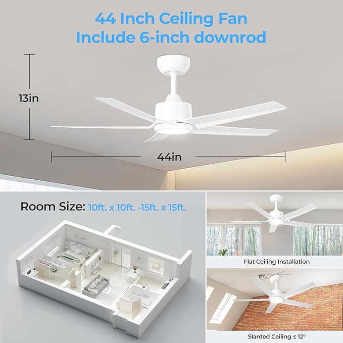 ocioc 44 Inch Ceiling Fans with Lights and Remote, White Ceiling Fan with Backlight, Reversible Airflow, Quiet DC Motor, 3000-6500K Dimmable LED, 6 Speeds Modern Ceiling Fan for Bedroom,Living Room