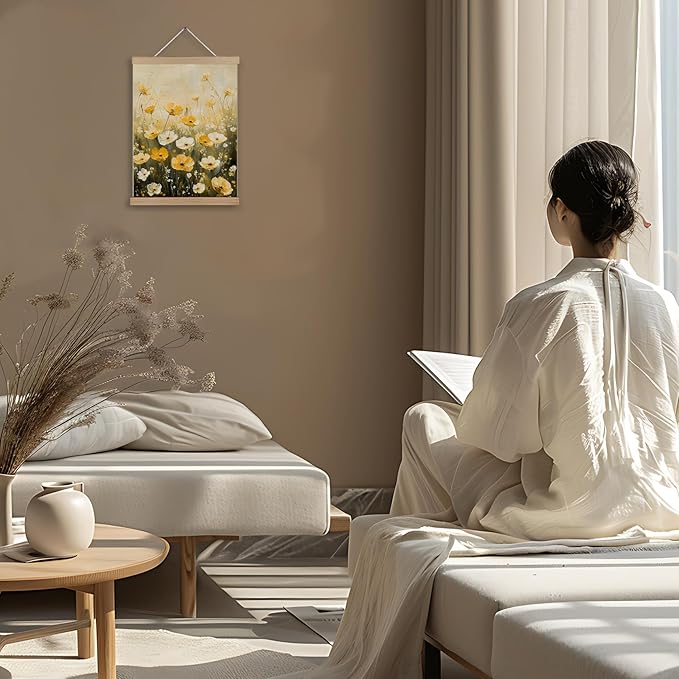 FITIE Watercolor Wildflowers Wall Art Poster Framed, Rustic Farmhouse Decor, Floral Room Decor, Fall Wall Decor Poster Hanger Frame, Rustic Cottagecore Yellow White Flower Field Canvas Wall Art Prints for Home Office, 12x16 Inches