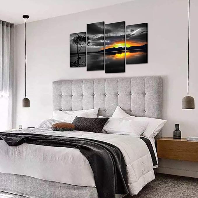 Biuteawal 4 Piece Black and White Wall Art Golden Sunset on Lake Picture Painting Lonely Tree Photo Print on Canvas Nature Landscape Poster Living Room Bedroom Decor Framed Ready to Hang