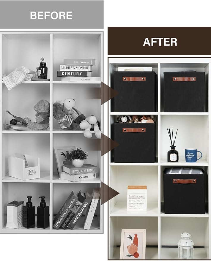 Temary 11x11 Storage Cubes Fabric Cube Storage Bins with Handles Clothes Storage Boxes Baskets for Organizing Home, Shelf, Closet (Black, 11 x 11 x 11)