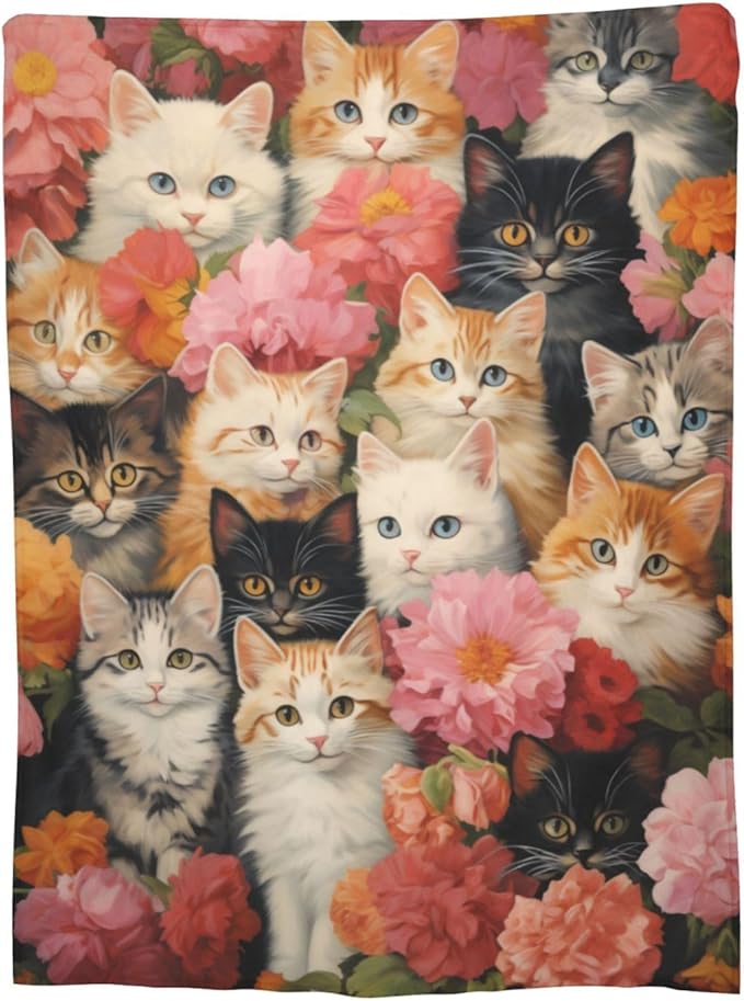 Cute Cat Blanket for Floral Lovers Grils Women Kitten Flower Flannel Throw Blankets for Home Couch Bed Sofa Soft Cozy Lightweight Decor All Season 60x50 Inches