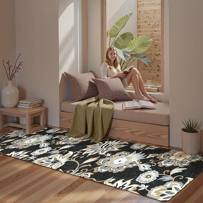 Lahome Floral Black Runner Rug - 2x8 Kitchen Runners Non Skid Washable 8 Ft Non-Slip Stain Resistant Long Runner Rugs for Hallway, Paisley Print Accent Ultra-Thin Runners for Bedroom Entryway Foyer