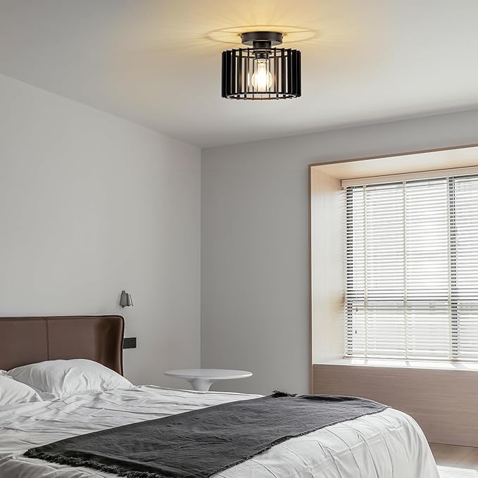 Ceiling Light Fixture Industrial Black Iron Cage Flush Mount, 9 - inch Diameter, Hallway Light Fixtures Modern Ceiling Lights for hallways Eentryway Bathroom Bedroom Kitchen