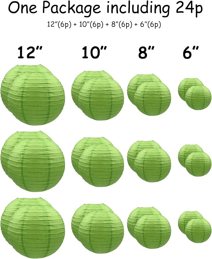 Handmade Decorative Chinese Japanese Hanging Paper Lanterns 24pcs Assorted Sizes 6", 8", 10", 12" Mixture Colors Decoration for Home, Weddings and Parties Lanterns (All Green)