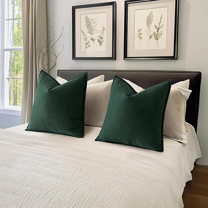 MIULEE Pack of 2 Green Decorative Pillow Covers 22x22 Inch Soft Chenille Luxurious Couch Throw Pillows Farmhouse Cushion Covers Euro Shams with Elegant Design for Sofa Bedroom Living Room Home Decor