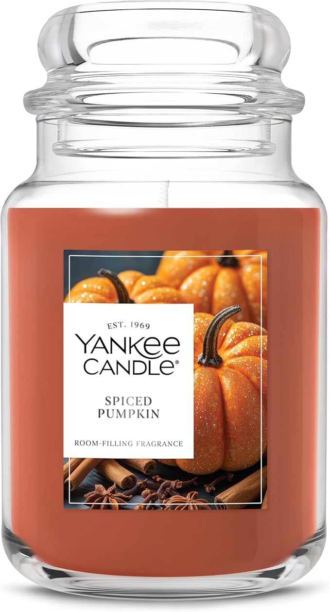 Yankee Candle Large Jar Scented Candle with up to 150 Hour Burn Time, Premium Plant Wax Blend for Consistent Burn, 22 oz Jar Candle with Room Filling Fragrance, Spiced Pumpkin