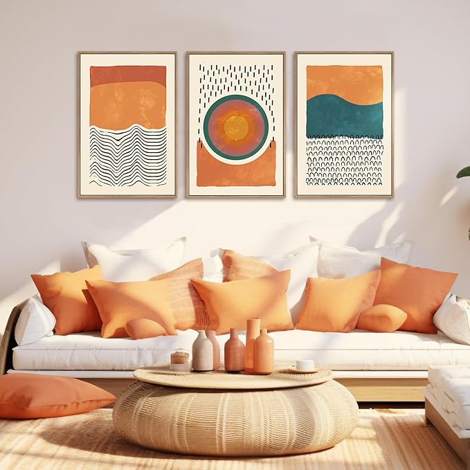 HPINUB Boho Abstract Framed Canvas Prints Wall Art Set, Mid-Century Color Block Shape Wall Decor, Minimalist Illustrations Art Photos for Living Room, Bedroom, Dining Room, Office, Bathroom-24 x36 x3