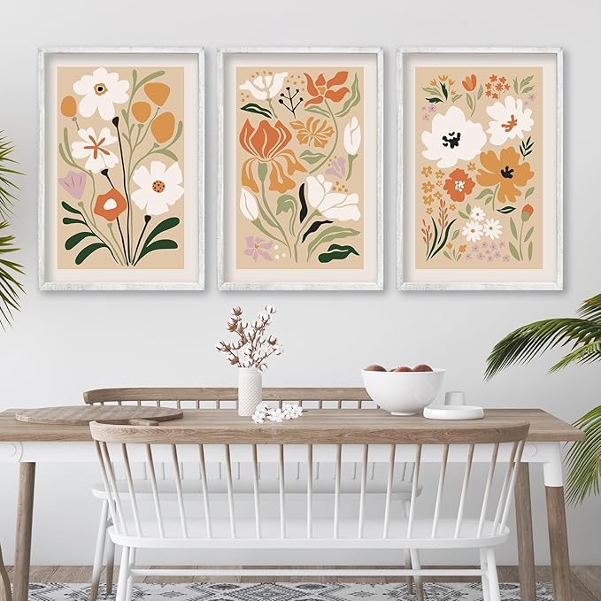 Boho Flowers Plant Wall Art Sign Set of 3 16"x24" Mid Century Modern Minimalist Wooden Framed Abstract Botanical Flower for Vintage Living Room Offic Bedroom Wall Hanging Decoration (White)