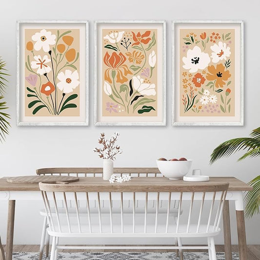 Boho Flowers Plant Wall Art Sign Set of 3 16"x24" Mid Century Modern Minimalist Wooden Framed Abstract Botanical Flower for Vintage Living Room Offic Bedroom Wall Hanging Decoration (White)