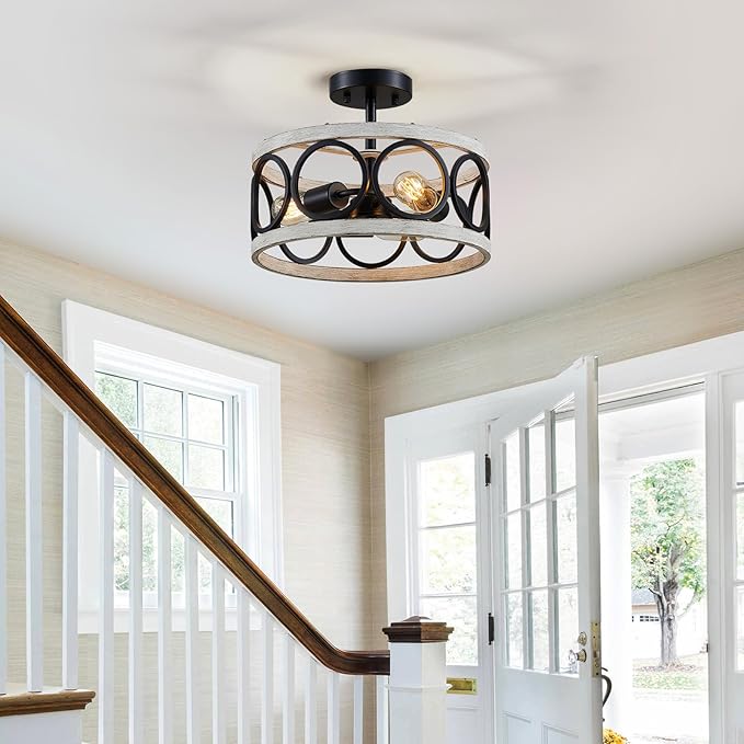 XINGQI Modern Farmhouse Ceiling Light Drum 3-Light Farmhouse Ceiling Lighting Fixture White Wood Grain Finish Semi Flush Mount Ceiling Lights 13” Metal Round Ceiling Lamp for Bedroom Entryway