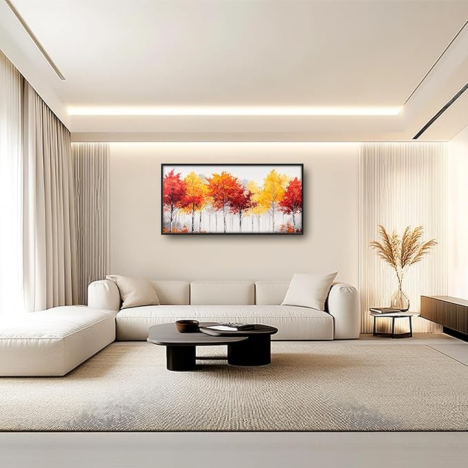 Fall Forest Framed Wall Art for Living Room, Large Red Trees Canvas Wall Decor, Red Leaf Landscape Pictures Painting, Modern Artwork for Living Room Bedroom 60L'' × 30W''