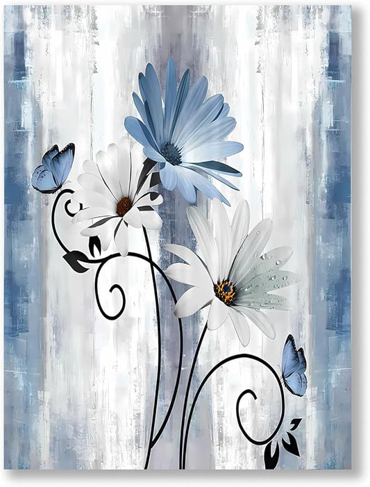 Blue Flowers Canvas Wall Art Bathroom Wall Decor, Blue and White Daisy Flower and Butterfly Canvas Wall Art Framed Artwork Ready to Hang for Living Room Bedroom Decor, 12x16in