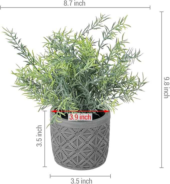 MyGift Set of 2 Artificial Green Plant in Modern Gray Concrete Pots with Geometric Embossed Pattern, Faux Greenery Indoor Houseplants Potted in Decorative Round Planters