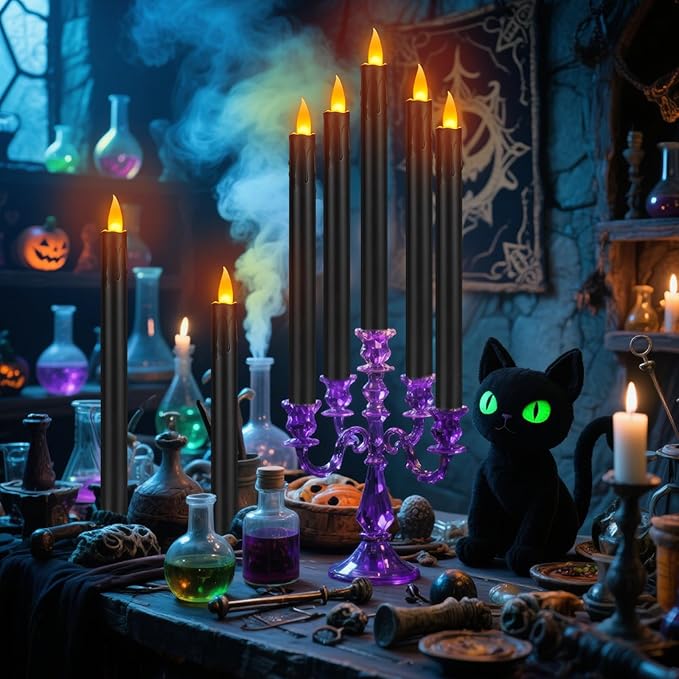 6 Pcs Black Flameless Taper Candles with Remote, 10" Tall Electric Led Candlesticks, Plastic Battery Operated Taper Candles for Halloween Dinner Party Wedding Birthday Home Décor(Black Drip)