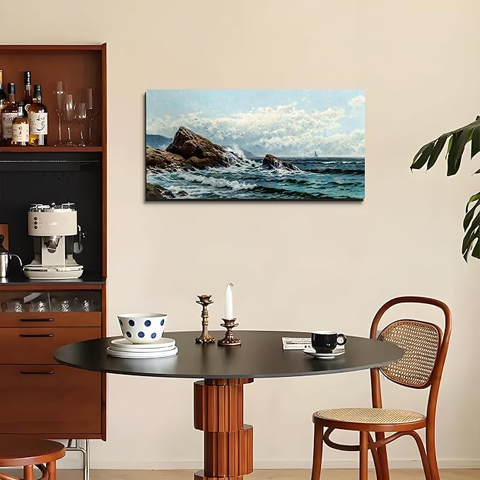 crmotu Coastal Large Wall Art, Ocean Landscape Vintage Oil Paintings, Blue Nature Scenic Canvas Art Prints, Waves and Rocks Pictures Wall Decor Living Room Bathroom Bedroom, Office Decor 20"X40"