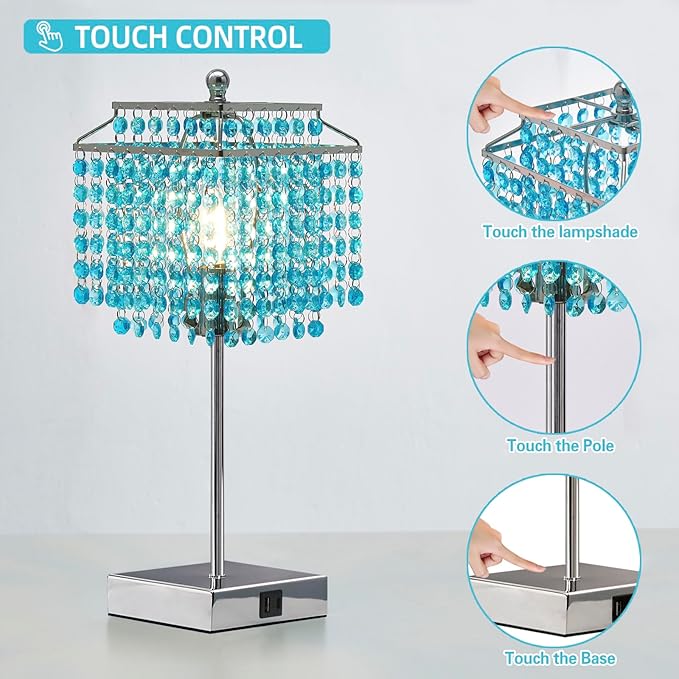 Luvkczc Crystal Table Lamp with Touch Control, Bedside Crystal Table Lamp with USB C+A Ports, 3-Way Dimmable Lamp with Crystal Shade for Girls Bedroom, Living Room, Light Blue & B11 LED Bulb Included