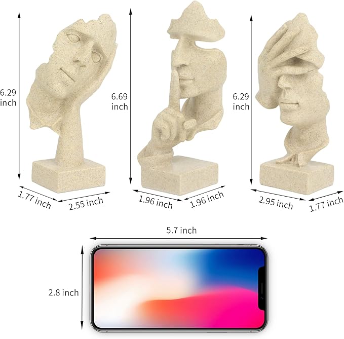 3 Pcs Thinker Statue, Silence is Gold Abstract Art Figurine, No Hear No See No Speak Modern Home Resin Sculptures Decorative Objects Decor for Home Office Bookshelf Desktop(Sandstone)